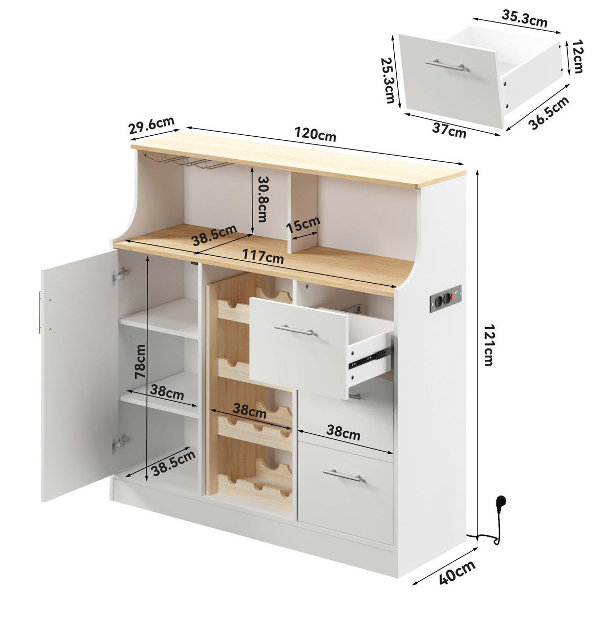 SIDEBOARD 120/40/121 cm Weiß/Natur aus Holzwerkstoff mit LED, Steckdose und Weinregal - Weiß, Holzwerkstoff (40/121/120cm) - OKMYHOME