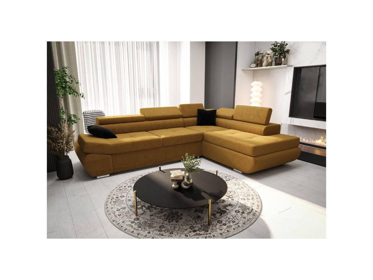 ECKSOFA KONGO RBN03, Eckcouch in L-Form mit Schlaffunktion, Farbe: Gelb, Velourstoff, Ottomane Rechts - Gelb, Textil (280/200cm) - O-Sofa