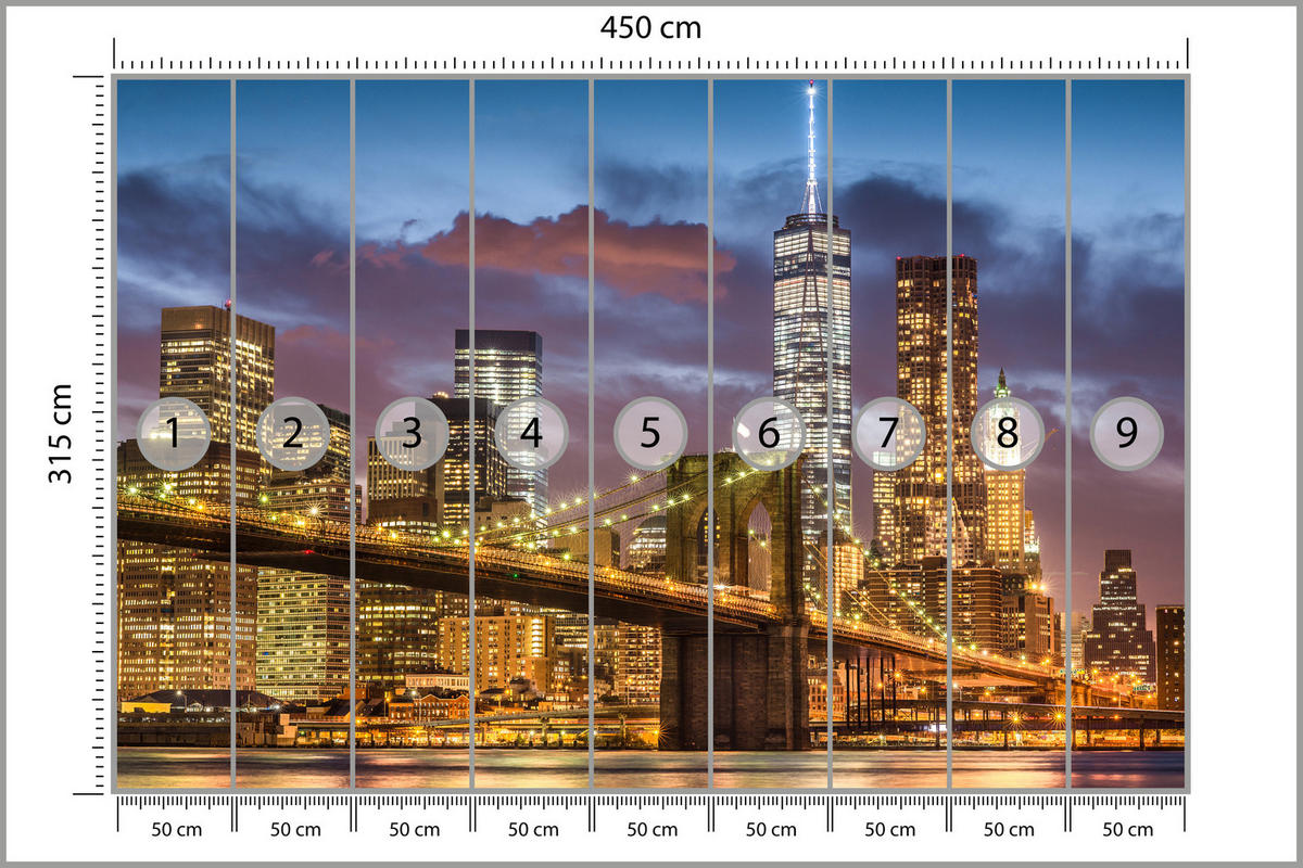 FOTOTAPETE für Wohnzimmer New York Nacht Brooklyn Bridge Wolkenkratzer 450x315 - Blau/Gelb, Papier (450/315cm) - Muralo