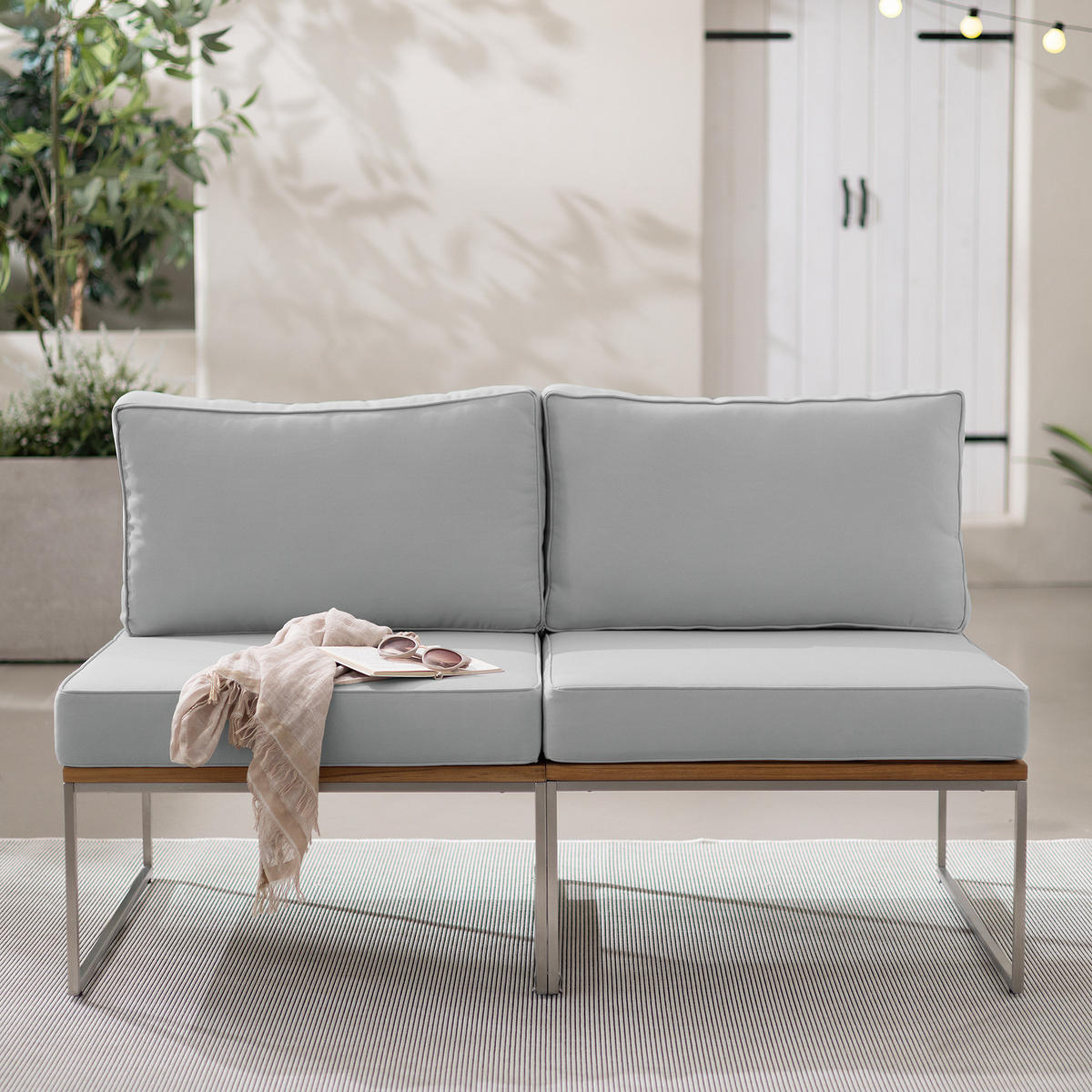 LOUNGESOFA - 2-teilig - Webstoff / Teak massiv - Hellgrau, Holz/Textil (140/74/70cm) - home24