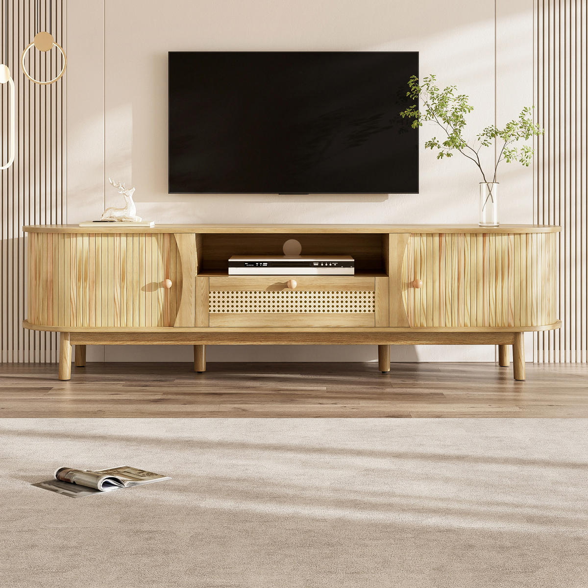 TV STOLEK v přírodní barvě se zásuvkami a dvířky do obýváku, 165×37×46 cm - přírodní, kompozitní dřevo (165/46/37cm) - STILVORA