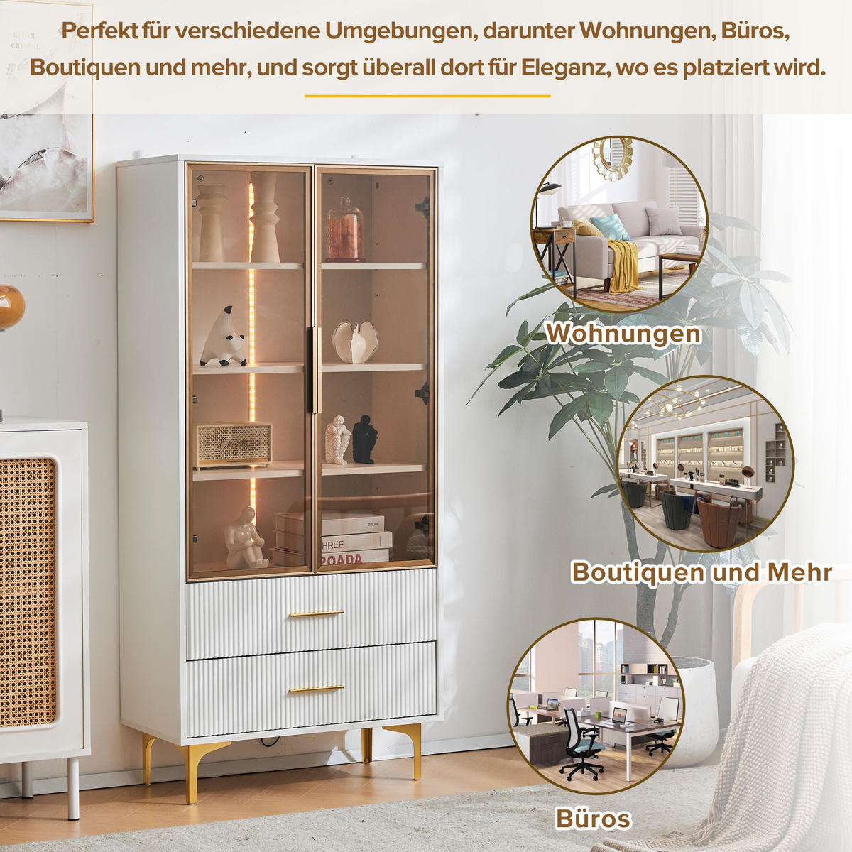 VITRINE, 2 Türen, LED-Licht, Goldbeine, Glas, 70x35x150cm - Weiß, Holzwerkstoff (35/150/70cm) - FLIEKS