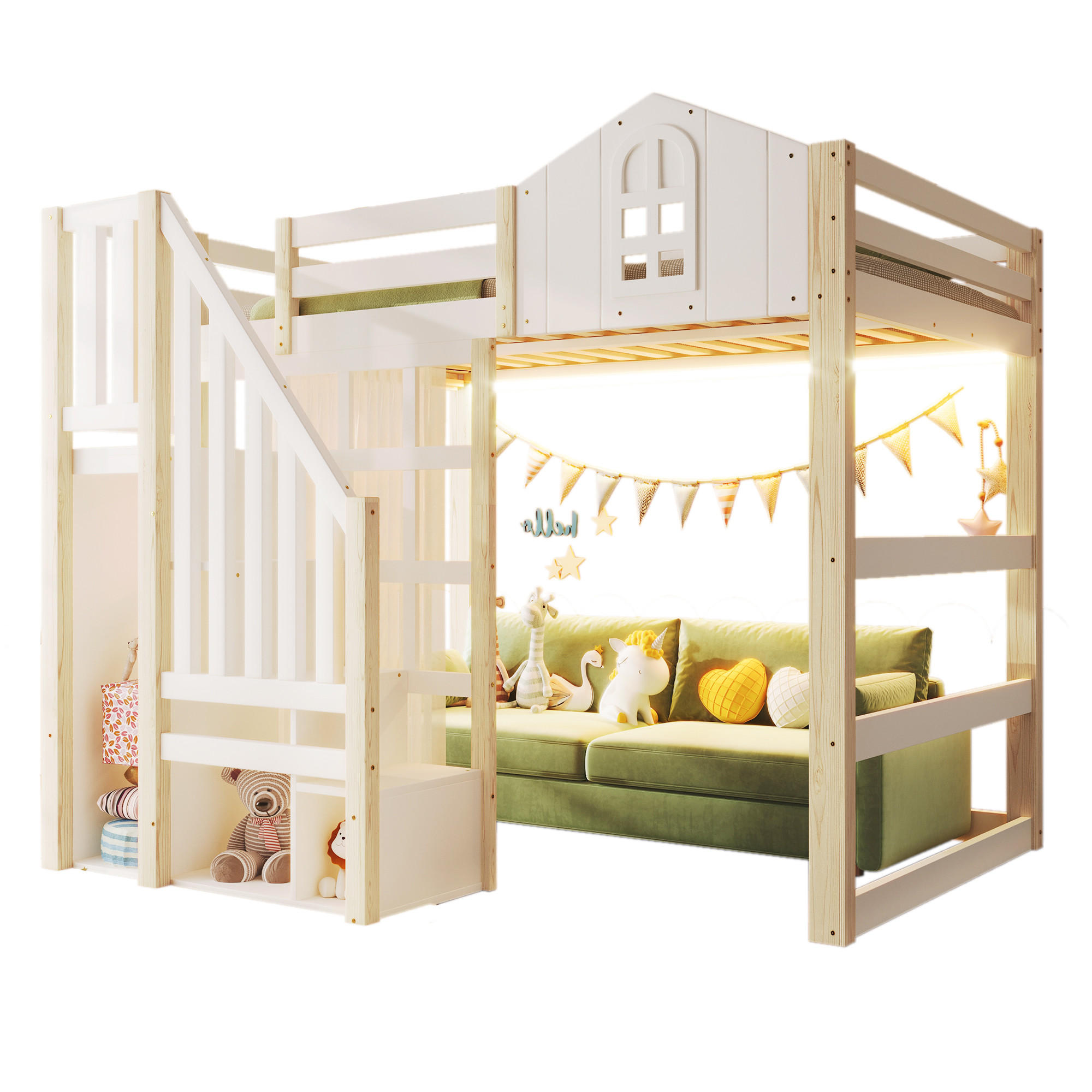 HOCHBETT 140/200 cm Weiß mit LED-Beleuchtung aus Kiefernholz mit Ablageleiter - Weiß, Holzwerkstoff (140/200cm) - OKWISH