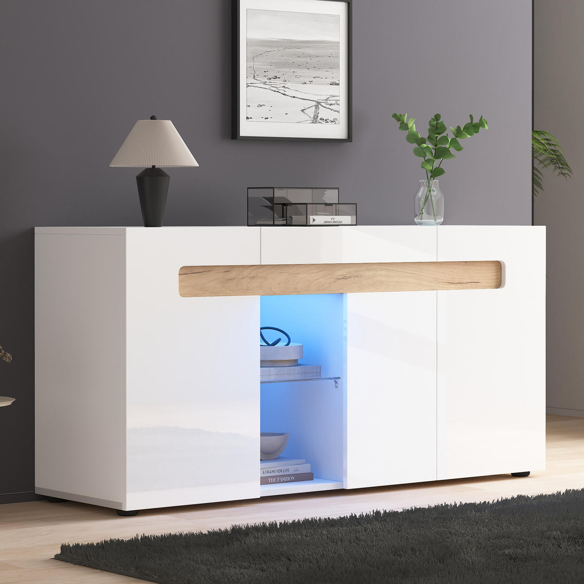 SIDEBOARD LED Weiß 3 Türen App Glas 140x40x70cm Hochglanz - Multicolor, Holzwerkstoff (40/70/140cm) - FLIEKS