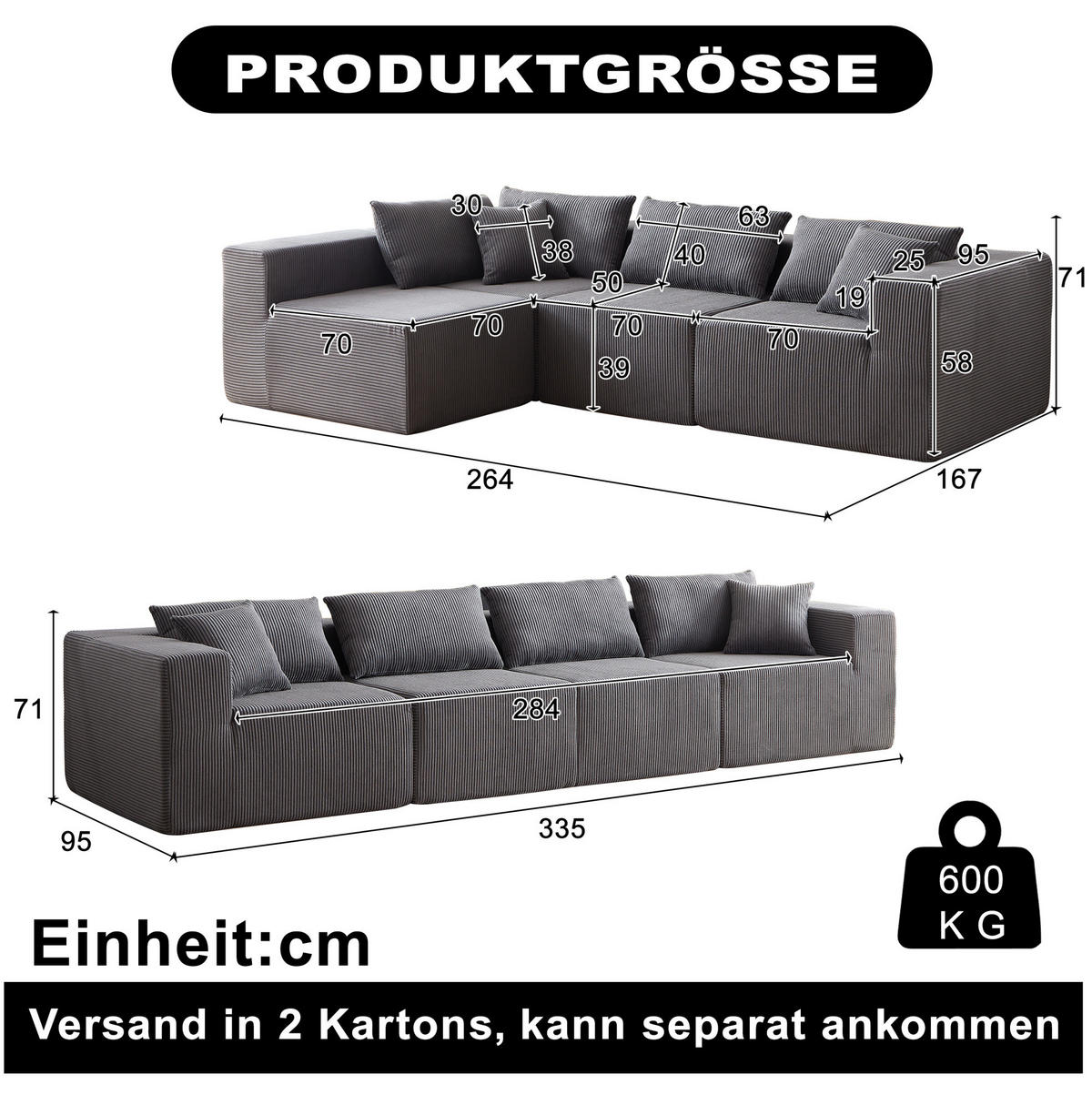 ECKSOFA 264/167/71 cm grau aus Cord und Schaumstoff ohne Montage - Grau, Textil (167/264cm) - OKWISH
