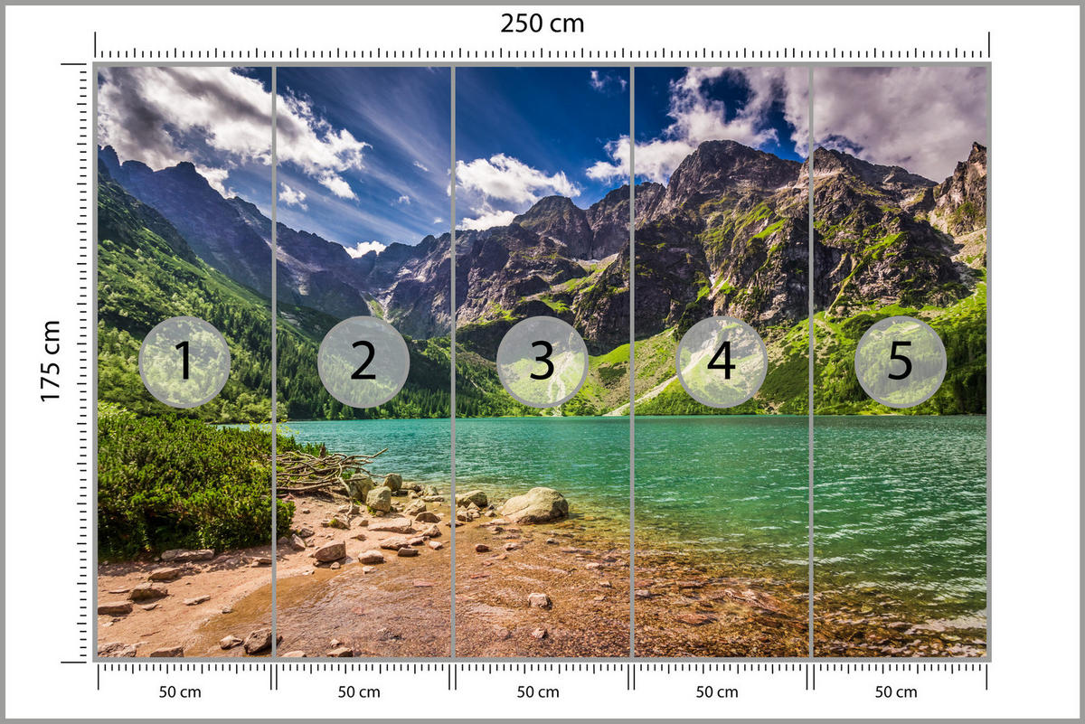 FOTOTAPETE Morskie Oko See Berge Landschaft 3D 250x175 - Türkis/Braun, Papier (250/175cm) - Muralo