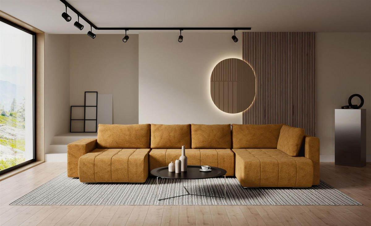 WOHNLANDSCHAFT Armanda - Gelb, Holzwerkstoff/Textil (185/83/392cm) - Fun Möbel