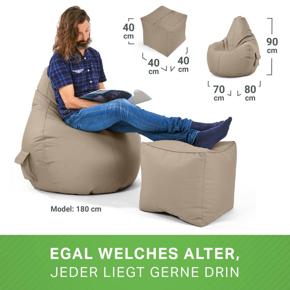 SITZSACK + Hocker "Cozy+Cube" 2er Set - Taupe, Textil (70/90/80cm) - Green Bean