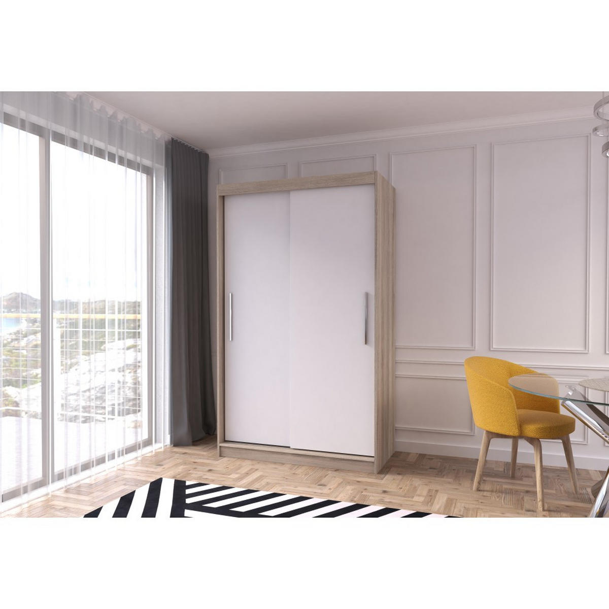 SCHWEBETÜRENSCHRANK NEOMI 04 ohne Spiegel Sonoma Eiche/Weiß 120 cm - Weiß/Sonoma Eiche, Holz (120/200/61cm) - imoebel24