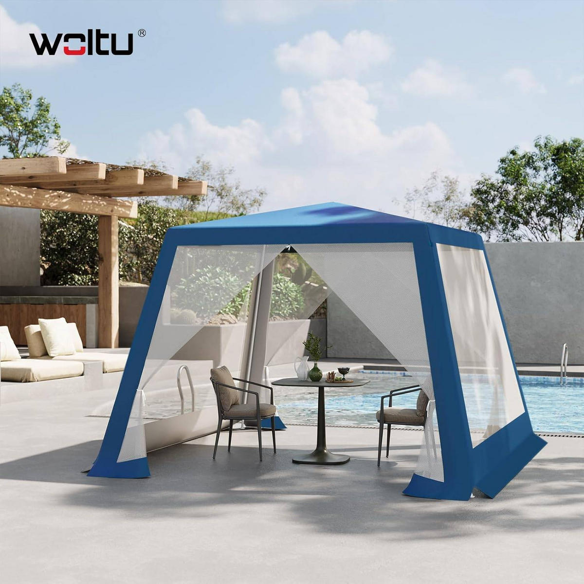 PAVILLON 3x3 m, Gartenpavillon mit Seitenwänden Moskitonetz - Blau, Metall (300/250/300cm) - Woltu