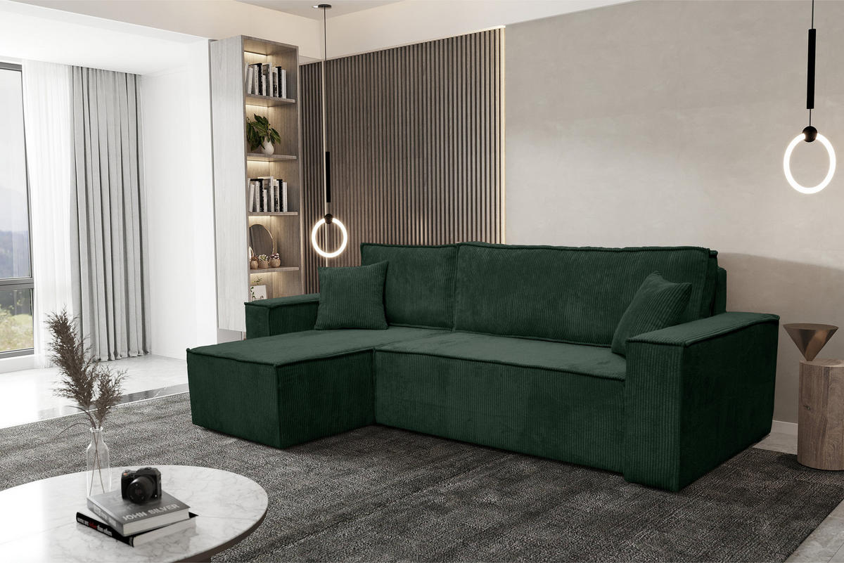 ECKSOFA Hugo L in L-Form mit Schlaffunktion und Bettkasten, Farbe: Grün, Cordstoff, Ottomane Unsiversal - Grün, Textil (244/145cm) - VENASI MÖBEL