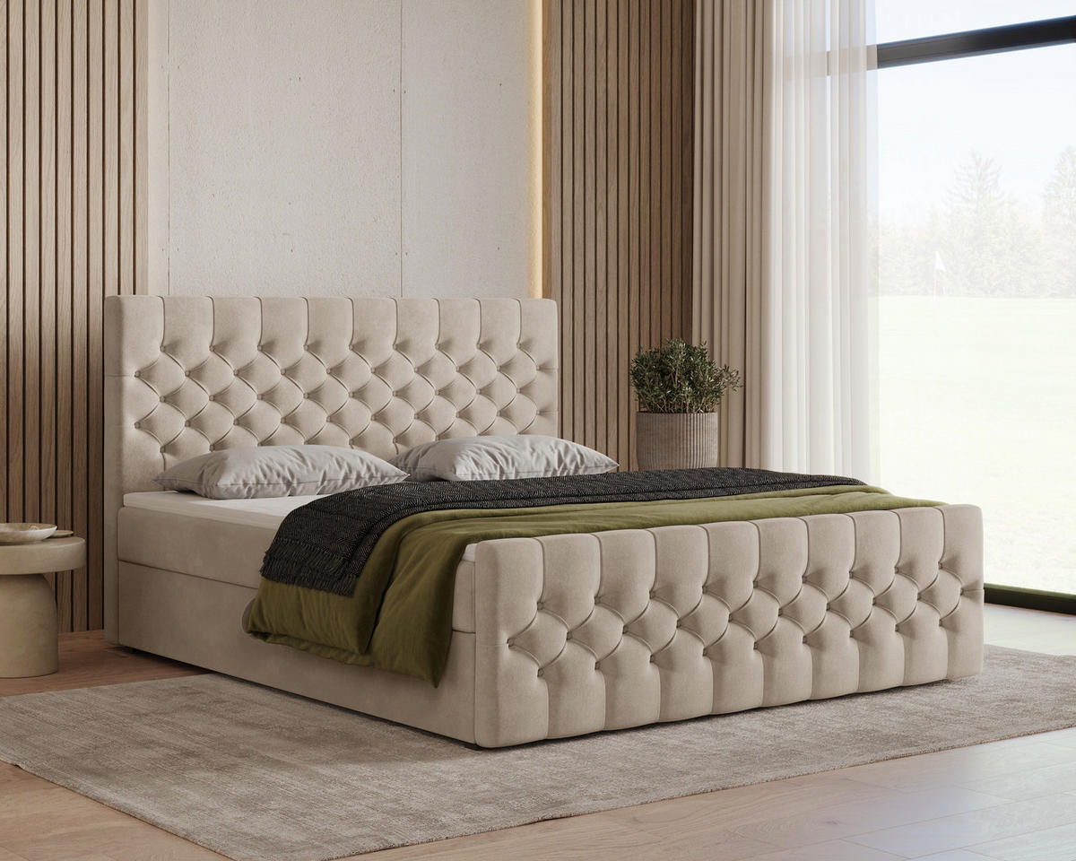 BOXBETT 12 140 x 200 cm - Manila - Modernes Polsterbett mit Bettkasten inkl. PU-Schaum-Topper und Federmechanismus - Beige, Holz (140/200cm) - ROYAL24_MARKT