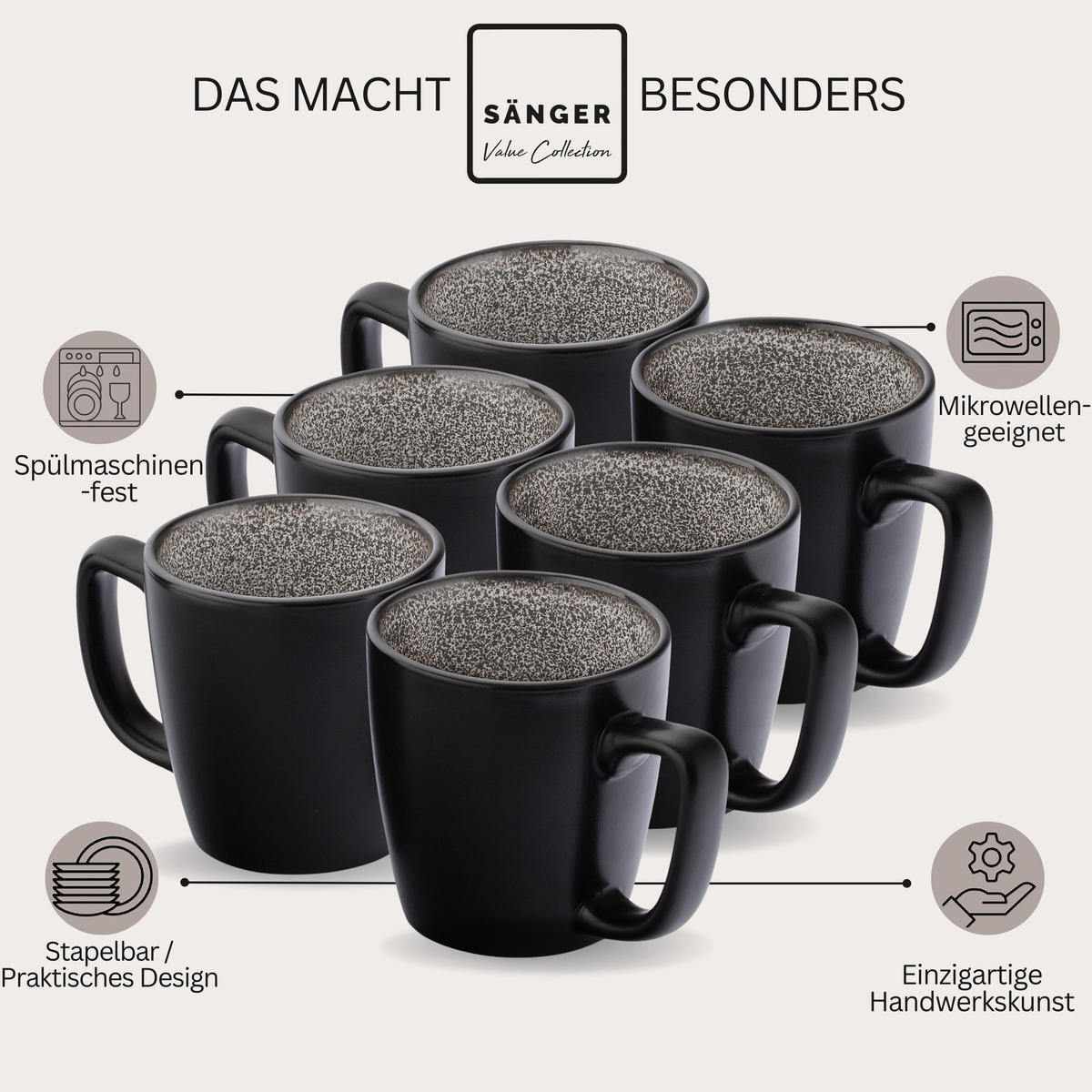 KAFFEEBECHER SET LUXOR - 6 teilig aus Steingut - Braun, Stein (0.36L) - Sänger