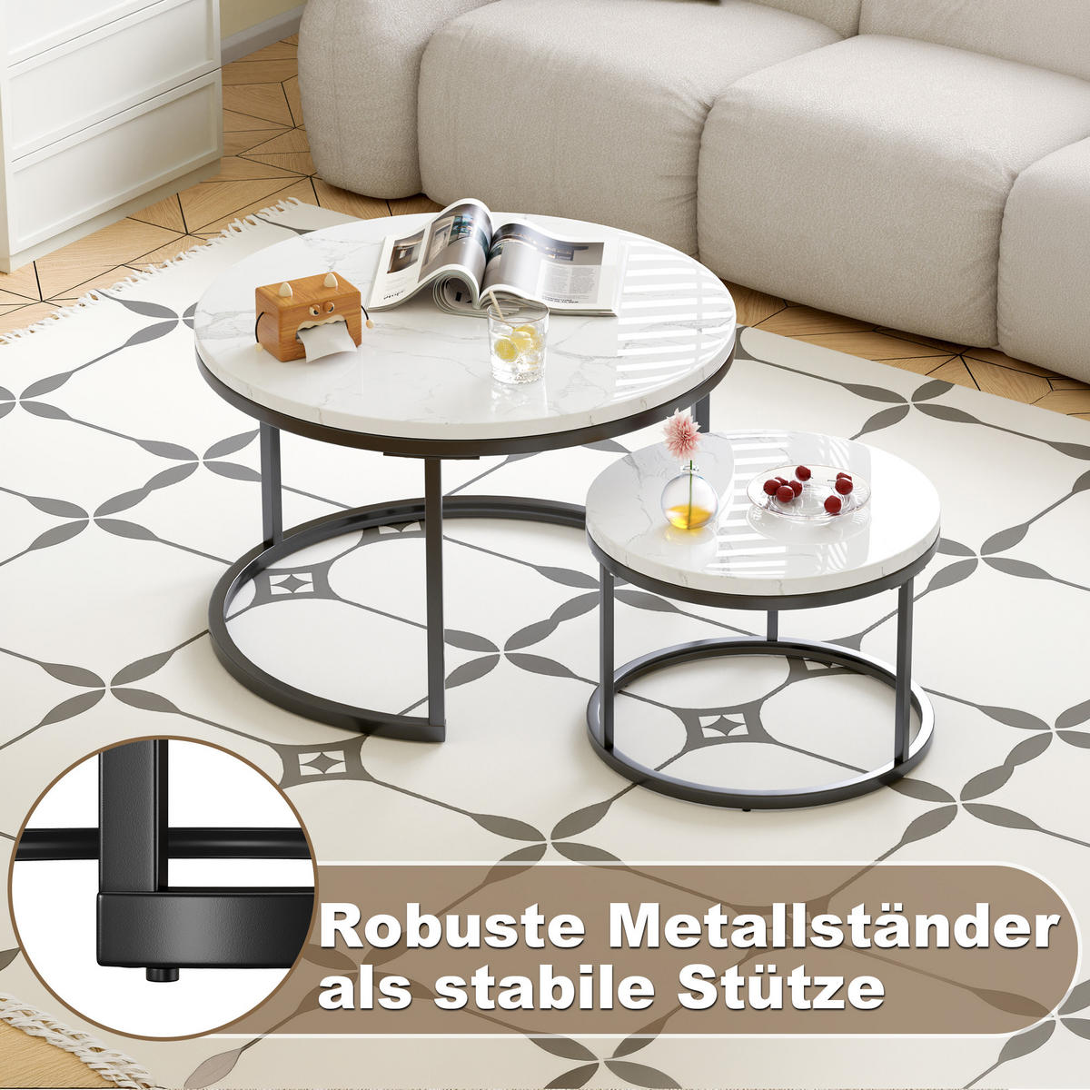 COUCHTISCH 70/45 cm in Gold-Weiß mit Marmordekor und Nesting-Funktion - Weiß, Holzwerkstoff (70/70/45cm) - OKMYHOME
