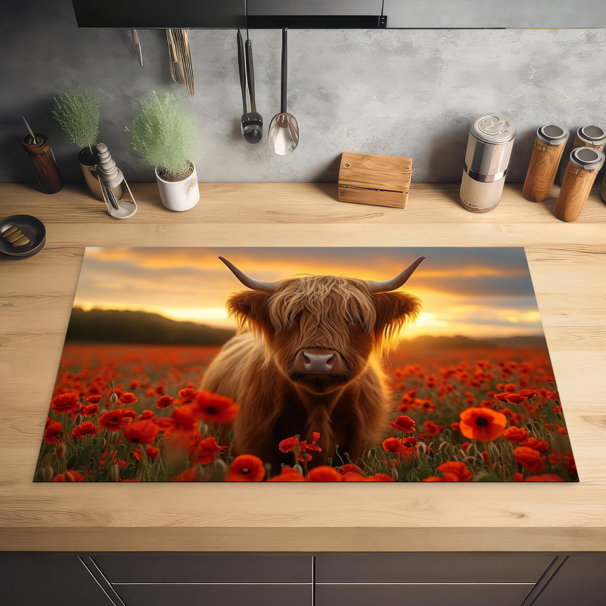 HERDABDECKPLATTE Schottische Highlander - Rosen - Blumenfeld - Sonnenuntergang Induktionsmatte 83x51 cm - Rotbraun, Kunststoff (83/51.5/0.2cm) - MuchoWow