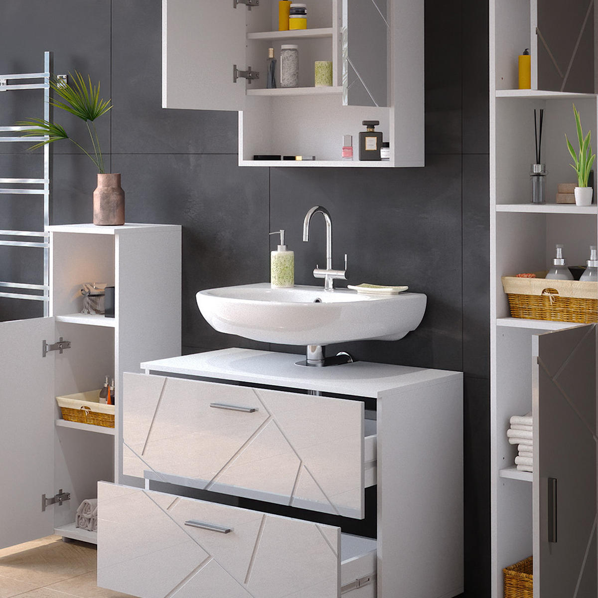 SADA NÁBYTKU DO KOUPELNY Irma Bílá vysoký lesk - bílá/vysoce lesklá bílá, kompozitní dřevo (80/58/41cm) - Vicco