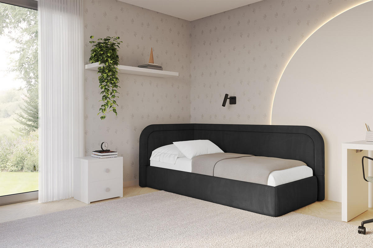 EINZELLBETT Jugendbett mit Bettkasten, Rechts - JOVY 80x200 Schwarz - Anthrazit, Holzwerkstoff/Textil (80/200cm) - ALTDECOR