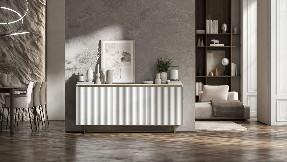 SIDEBOARD Selene 3D Weiß Matt mit geriffelten Fronten Glamour 167 cm - Goldfarben/Weiß, Holzwerkstoff/Metall (167/79/35cm) - Meble Lindner