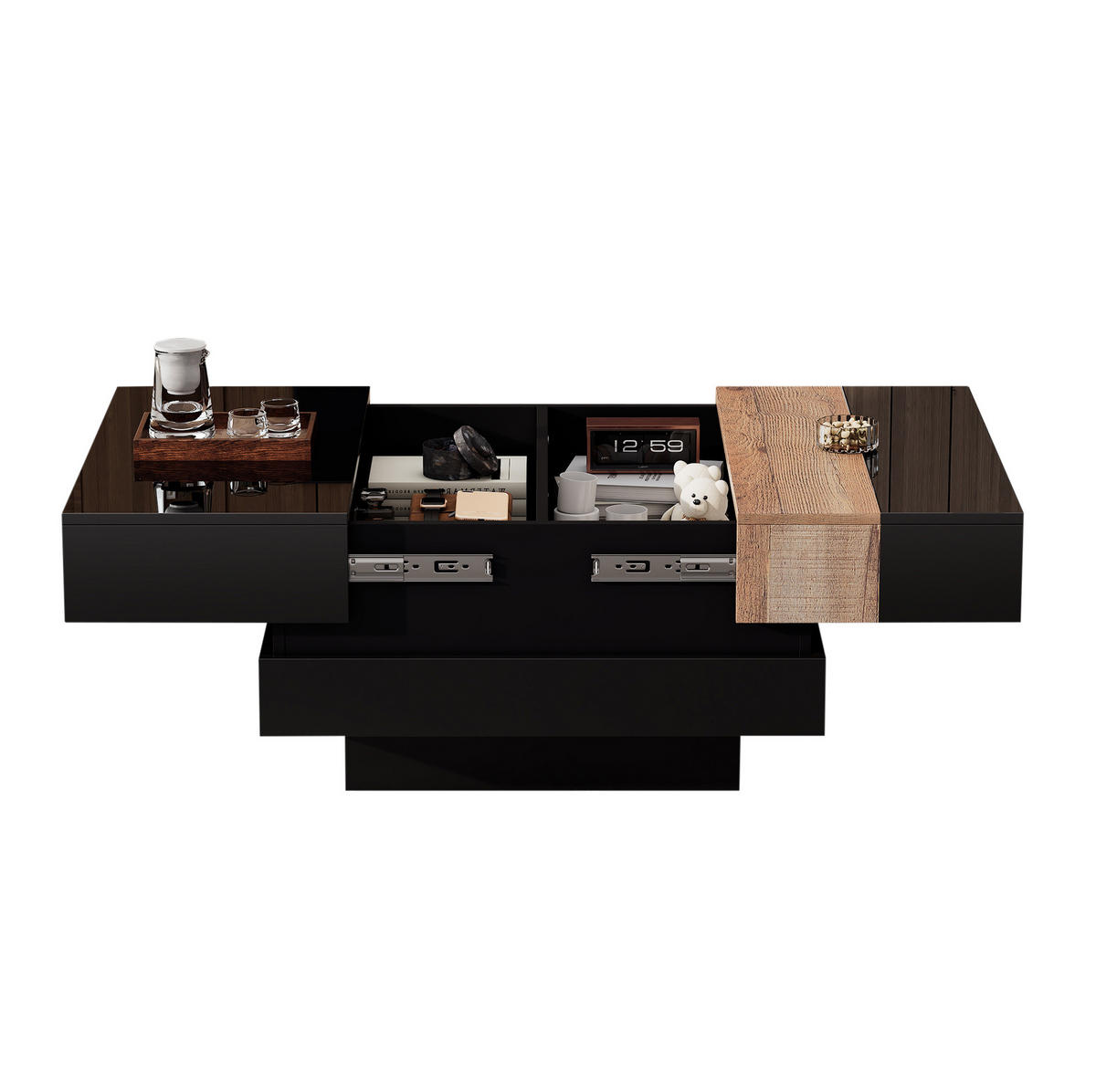 COUCHTISCH mit ausziehbarer Platte & Stauraum, MDF/PB, Schwarz-Holz Optik, Hochglanz, 70/70/39 cm,Schwarz - Schwarz, Holzwerkstoff (70/70/39cm) - Redom