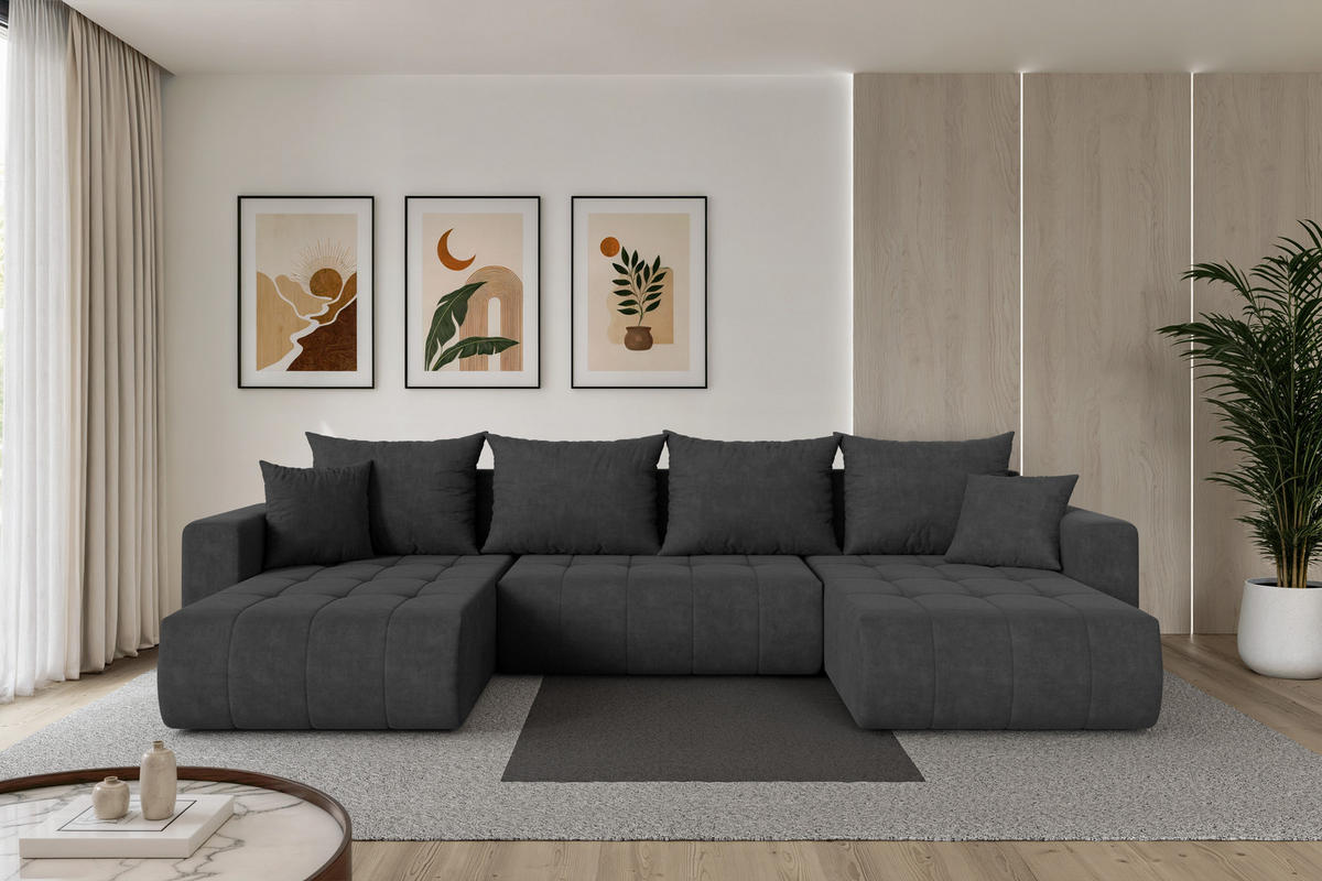 SEDACÍ SOUPRAVA DO U s funkcí spaní a úložným prostorem MILA-U 378x194x86 tmavě šedá velur - černá/antracitová, kompozitní dřevo/textil (378/86/194cm) - ALTDECOR
