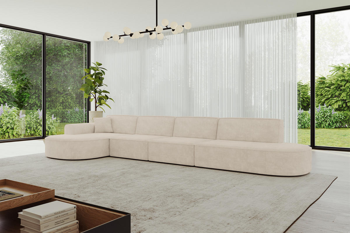ECKSOFA Ottomane Links MARI-L3 - 413x171x79 cm Beige Velours - Beige/Schwarz, Holzwerkstoff/Kunststoff (413/171cm) - ALTDECOR