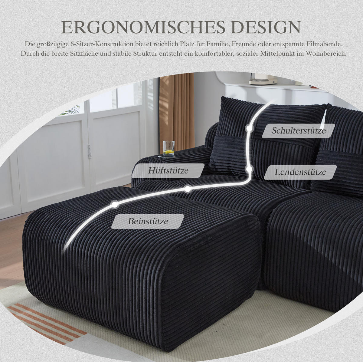 ECKSOFA 200/174/80 cm schwarz aus Cord mit Cupholder und Tasche - Schwarz, Textil (174/200cm) - OKWISH