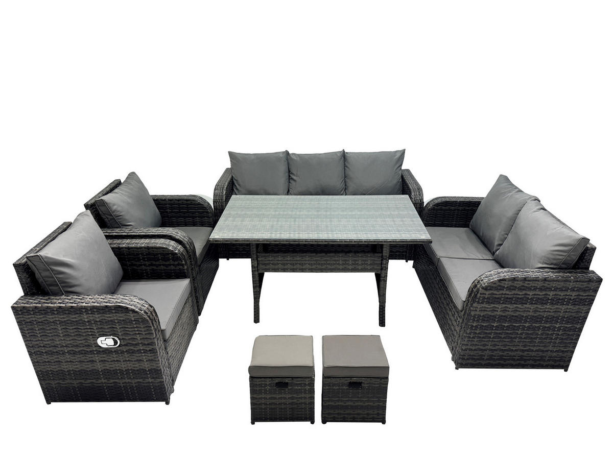 GARTENGARNITUR mit Liegestuhl,3-Sitzer Sofa,Zweisitzer,2 Hockern Polyrattan Dunkelgrau 9-Sitzer - Dunkelgrau/Grau, Glas/Kunststoff - Fimous