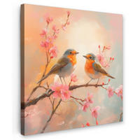 LEINWANDBILD Rotkehlchen - Zierpflanze - Blütenzweig 20x20 cm - Hellrosa, Textil (20/20cm) - MuchoWow