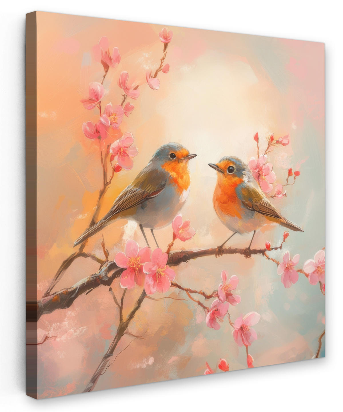 LEINWANDBILD Rotkehlchen - Zierpflanze - Blütenzweig 20x20 cm - Hellrosa, Textil (20/20cm) - MuchoWow