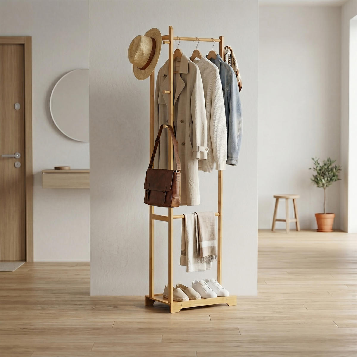 KLÄDSTÄLLNING Natur bambu 5 krokar - Ljusbrun, Trä (48/169/31cm) - Relaxdays