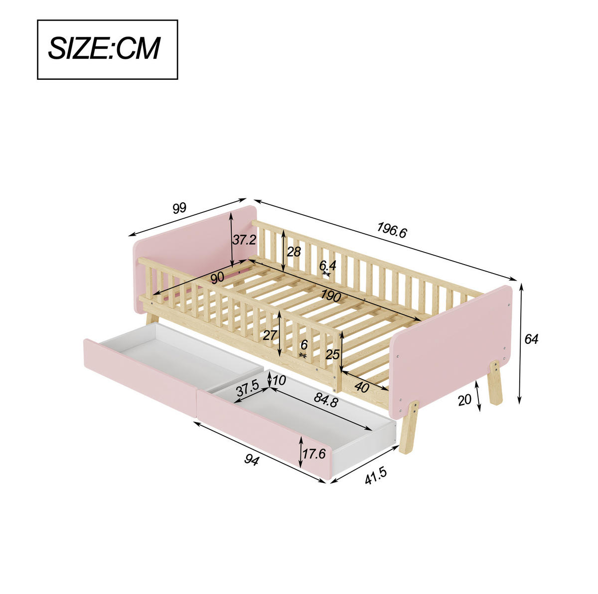 KINDEREINZELBETTEN aus Massivholz 90x190 cm in Rosa mit 2 Schubladen - Rosa, Holz (90/190cm) - Modfu
