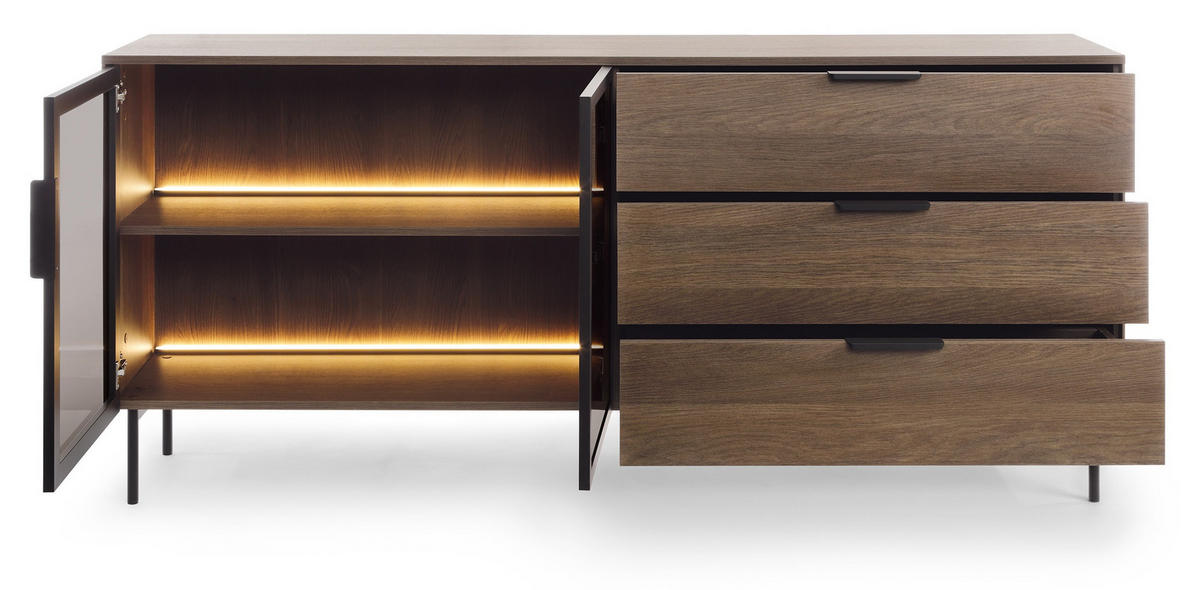 KOMMODE 182 cm Senza mit Schubladen, LED, Eiche Dunin - Eichefarben, Holz (182/82/39cm) - Emporius