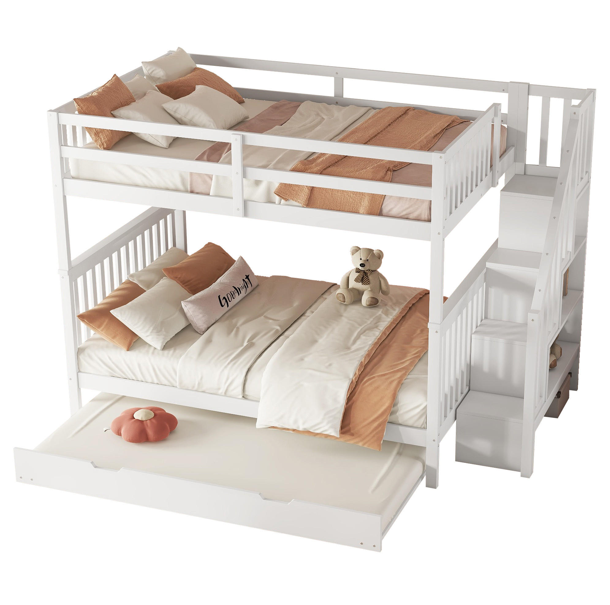 ETAGENBETT 140/200 cm Weiß mit Ausziehbett und Treppenregal - Weiß, Holz (140/200cm) - Flora Grace