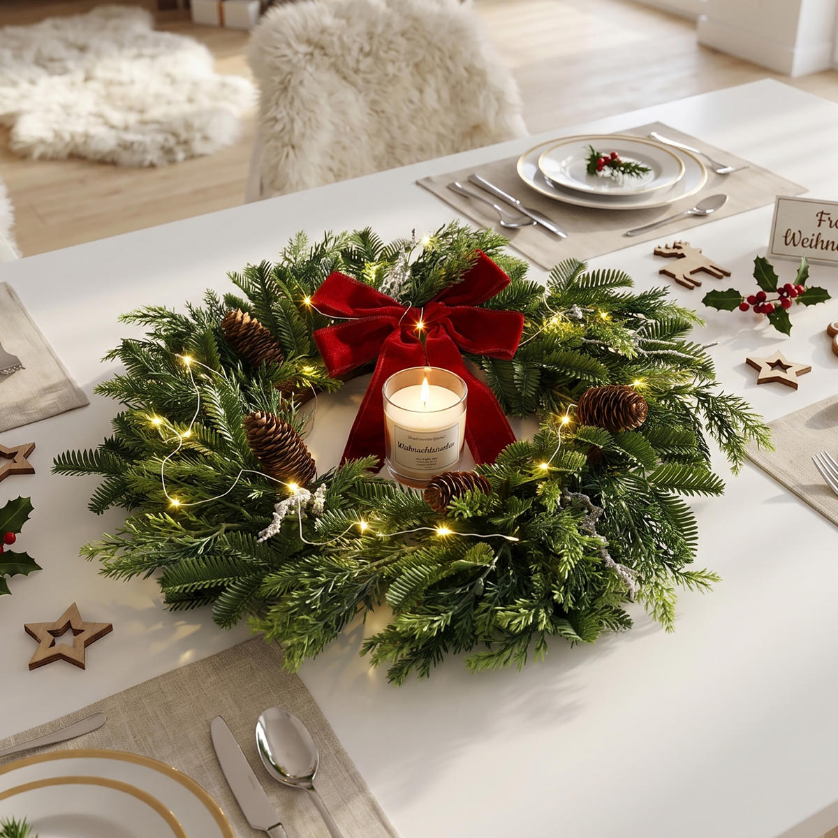 RUNDER Weihnachtskranz Ø45cm mit roter Schleife, 25 LEDs,Timer - Dunkelgrün, Naturmaterialien (45cm) - Hometopia