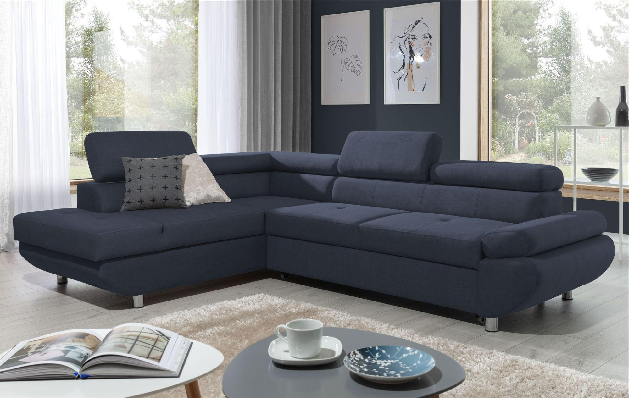 ECKSOFA Schlafsofa Panos In Esito - Dunkelblau, Holzwerkstoff/Textil (275/210cm) - Fun Möbel