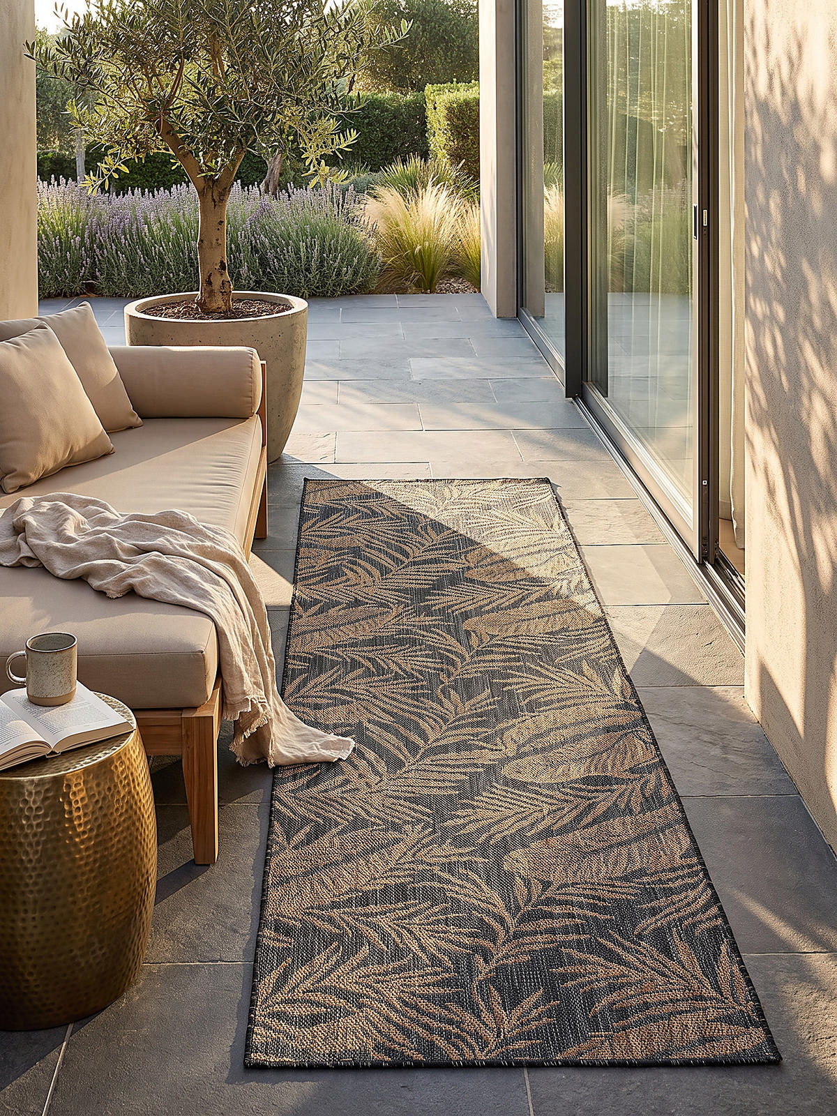 LÄUFER Outdoor, Fußbodenheizung-geeignet, mit Blattmotiv, VIGOLENO in Schwarz-Beige, 80 x 150 cm - Schwarz, Textil (80/150cm) - KADIMA DESIGN