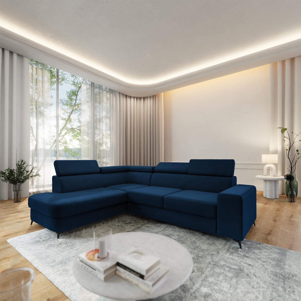 ECKSOFA ALVORO L-S Blau Velours-Stoff mit Schlaffunktion - Blau, Holz (253/190cm) - MASSENO