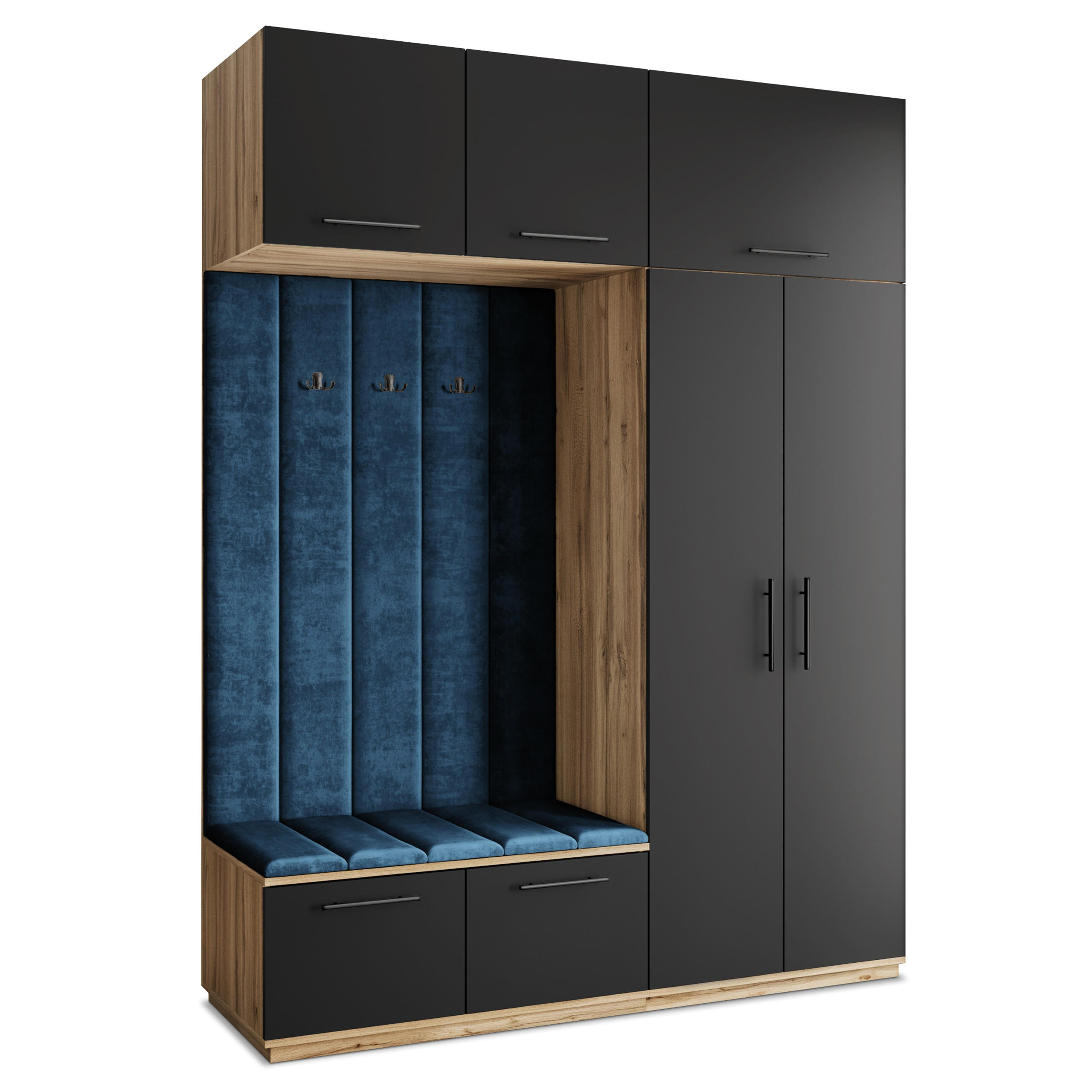 Masseno Garderobenschrank Eiche Wotan, Schwarz, Blau 180x240x60 cm