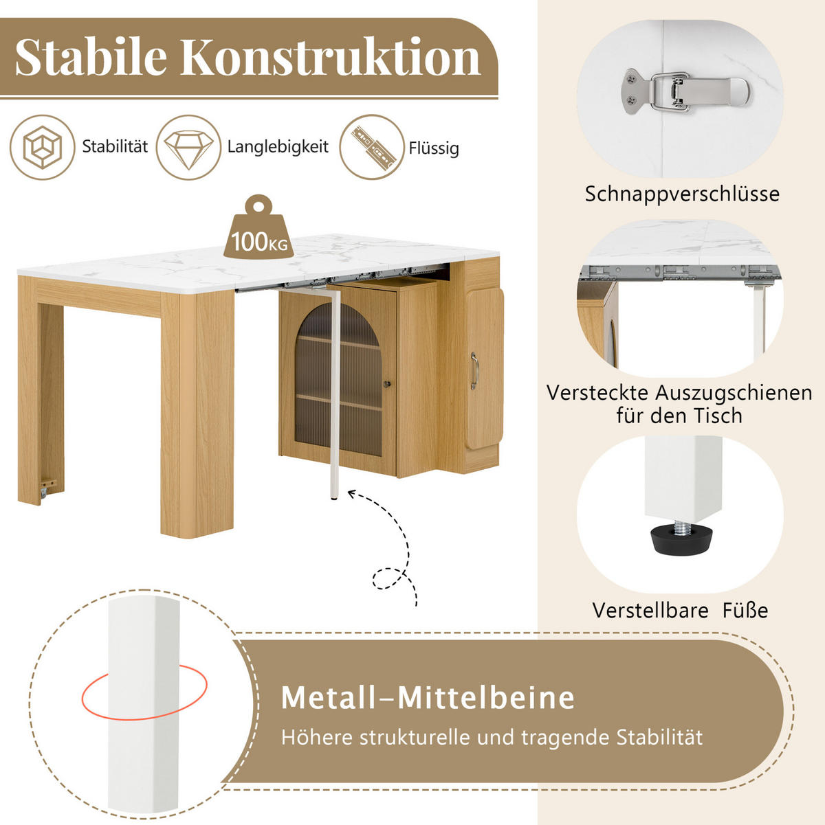KÜCHENINSEL 83/39,6-149,6/77 cm mit Rollen, LED und Steckdose - Naturfarben, Holzwerkstoff (83/77/39.6cm) - BEAOK