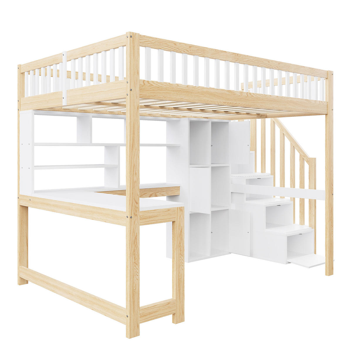 HOCHBETT 140/200 cm in Weiß & Natur mit LED, Ablageleiter, Regalen, Ablagefächern und Schreibtisch - Weiß/Naturfarben, Holz/Holzwerkstoff (140/200cm) - STILVORA