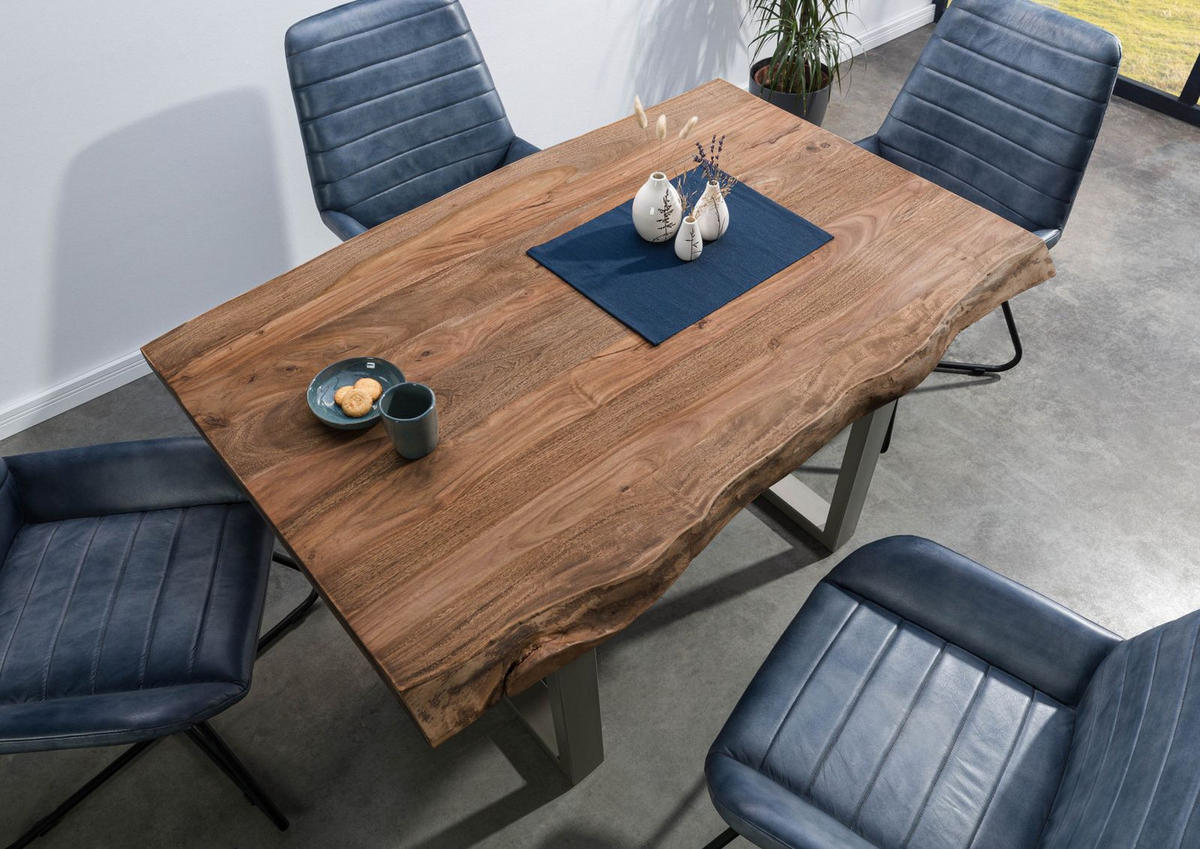 BAUMTISCH Sheesham 140x90x77 grau gebeizt / U-Beine silber matt FREEFORM 5 - Grau, Holz (90/140/77cm) - Massivmoebel24