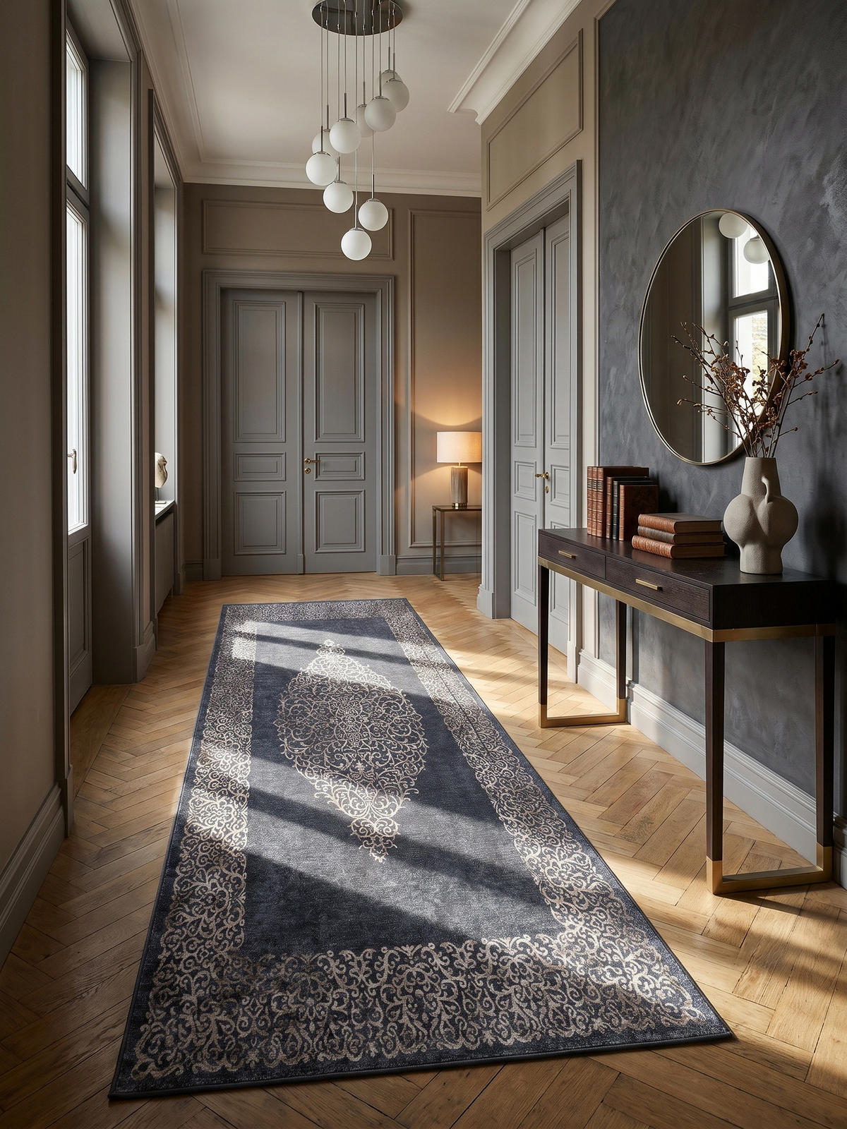 TEPPICH Flachgewebe Waschbar PIZOL in Schwarz, mit Barock-Motiv, 80 x 250 cm - Schwarz, Textil (250/80cm) - KADIMA DESIGN