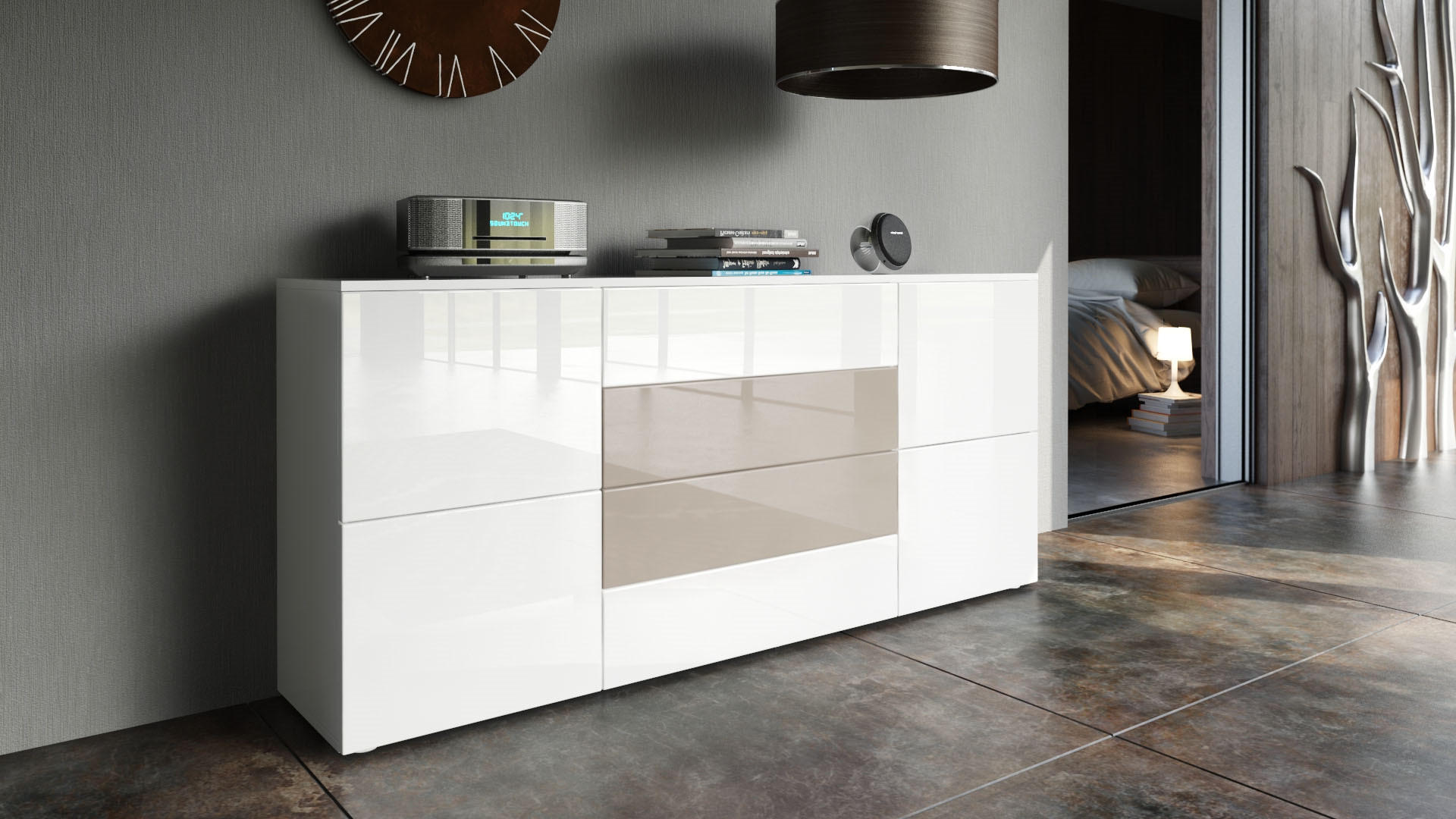 SIDEBOARD Rova Weiß Hochglanz / Sandgrau Hochglanz - Weiß Hochglanz, Holzwerkstoff (166/72/35cm) - Vladon
