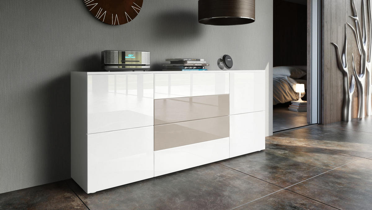 SIDEBOARD Rova Weiß Hochglanz / Sandgrau Hochglanz - Weiß Hochglanz, Holzwerkstoff (166/72/35cm) - Vladon