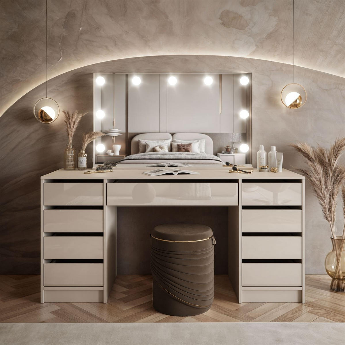 SCHMINKTISCH MADA DOUBLE ELITE mit Spiegel und Beleuchtung, Kaschmir Hochglanz - Kaschmir, Holzwerkstoff (157/75/55cm) - Lookway