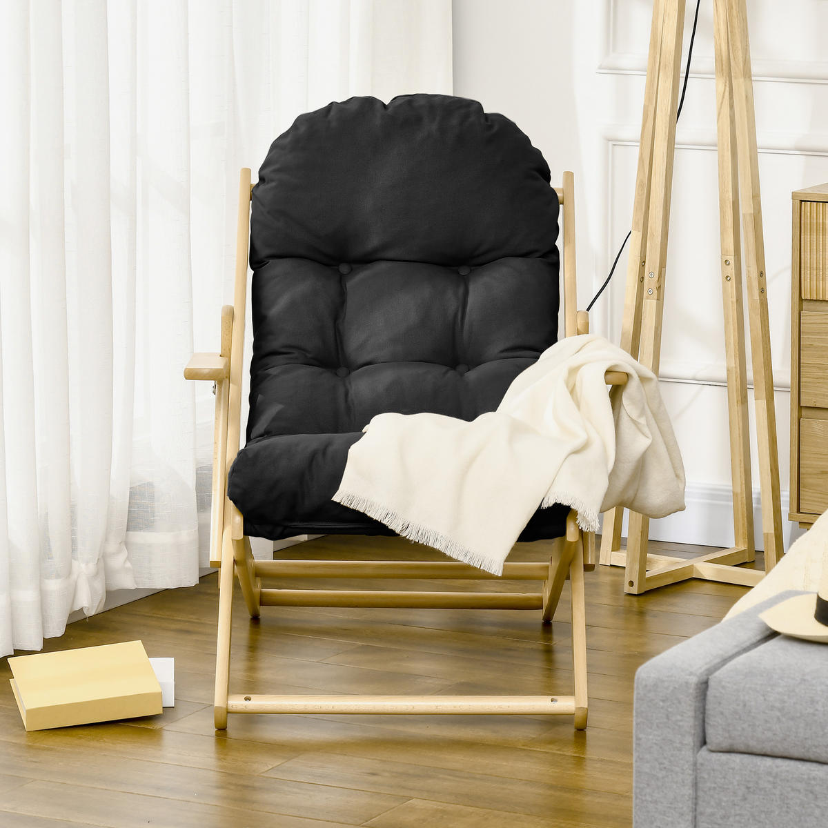 KLAPPSTUHL DE-13267 3-fach verstellbar & dickes Polster - Schwarz, Holz (89/96/71cm) - ComfortXL
