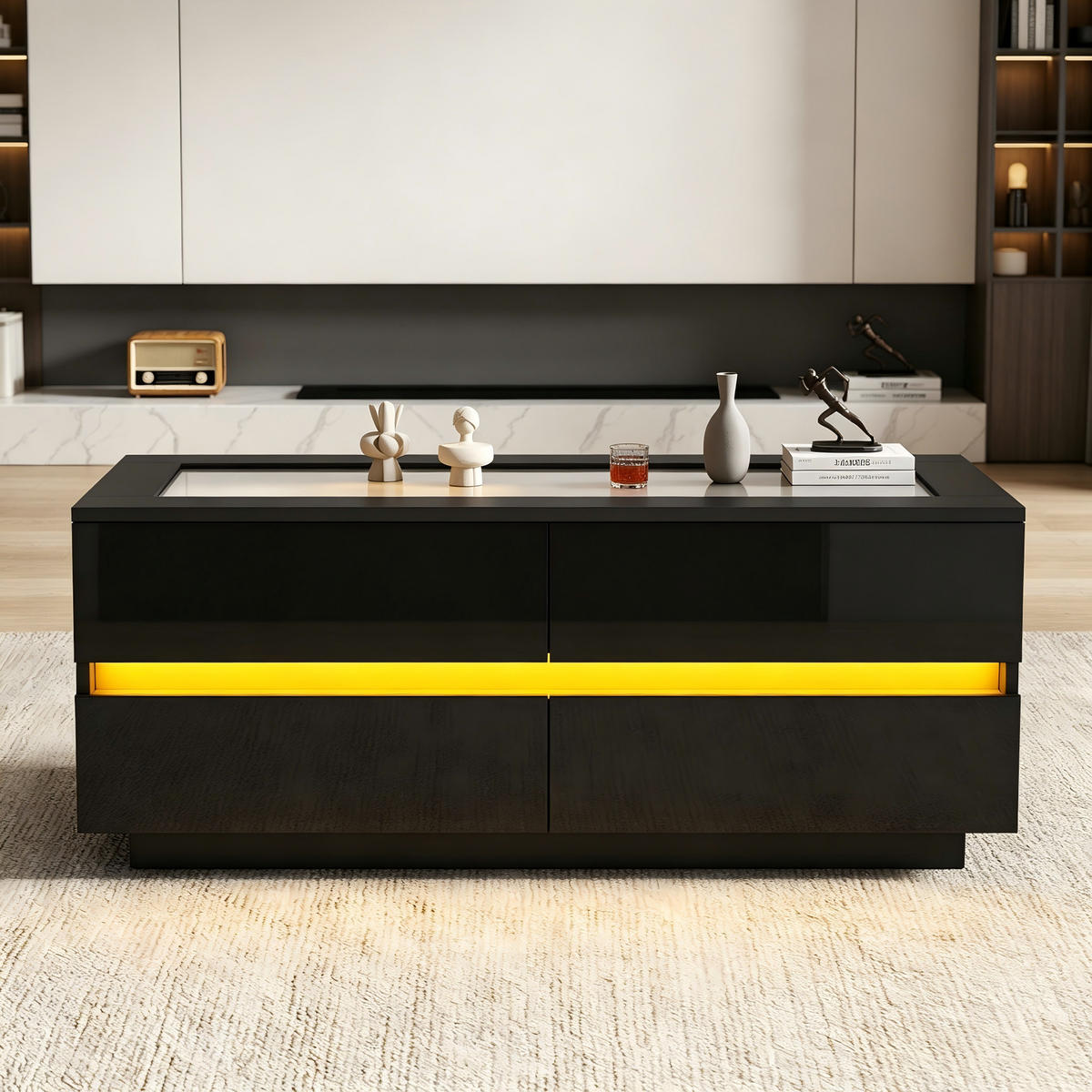 COUCHTISCH in Schwarz mit 4 Schubladen und LED-Beleuchtung für Wohnzimmer, B100/T50/H30 cm - Schwarz, Glas/Holzwerkstoff (50/100/40cm) - STILVORA