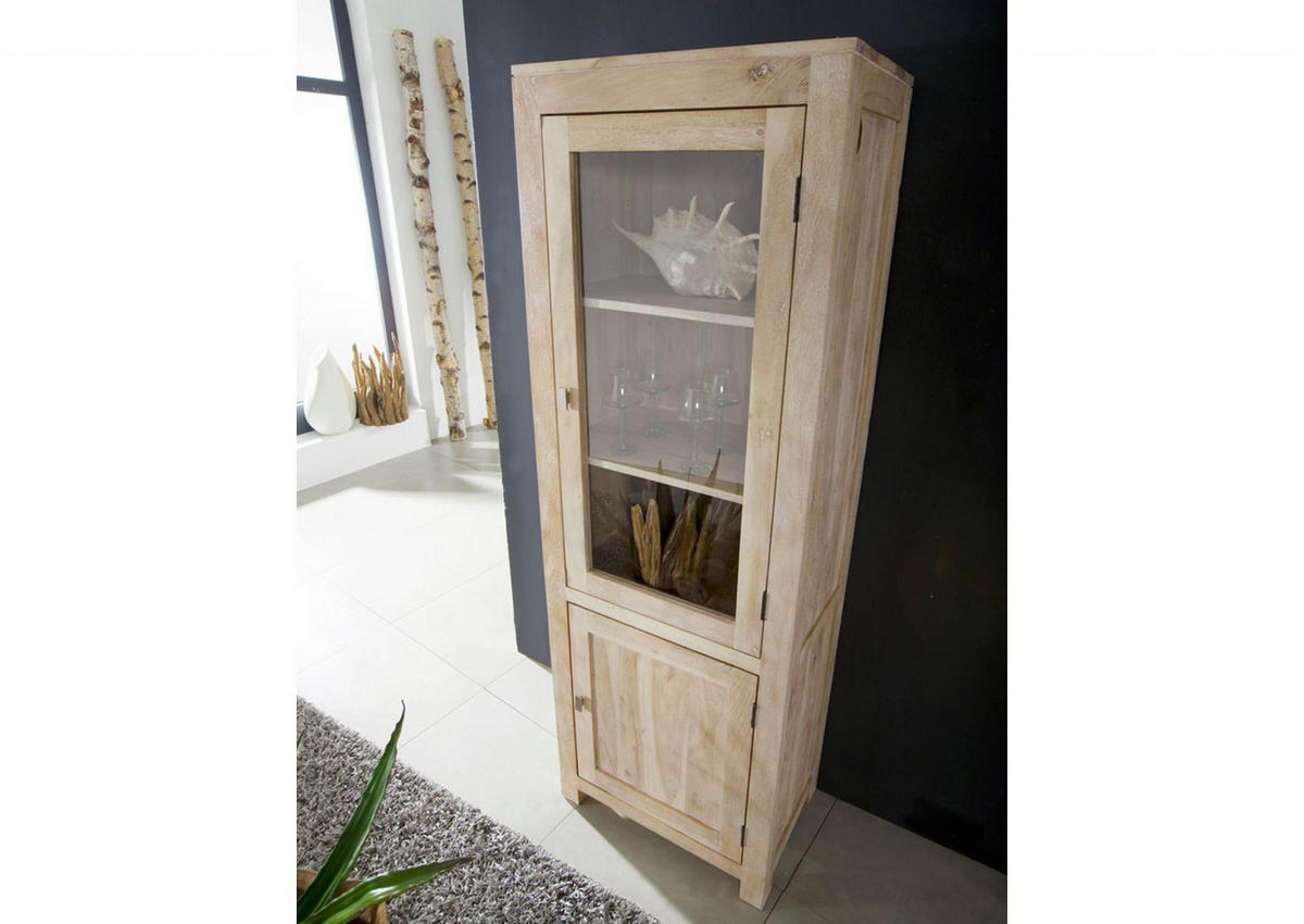 VITRINE Akazie 65x42x190 white stone getüncht NATURE WHITE #53 - Beige, Holz (65/190/42cm) - Massivmoebel24