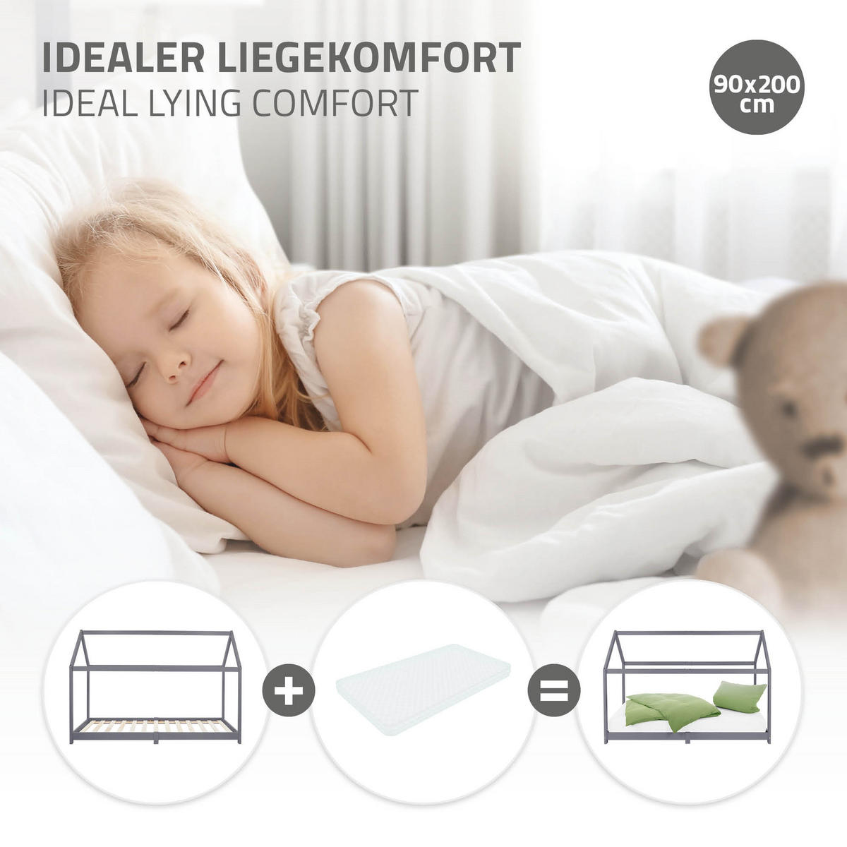 KINDERBETT mit Dach 90x200 cm Hellgrau - Hellgrau, Holz (90/200cm) - ML-DESIGN