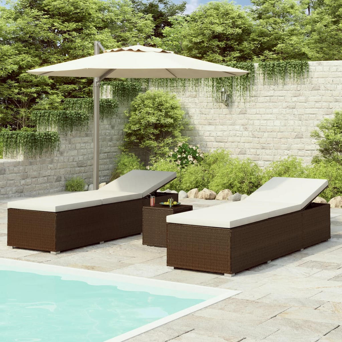 3-TLG. Garten-Sonnenliegen mit Teetisch Poly Rattan Braun - Braun, Kunststoff (60/31/195cm) - furnicato